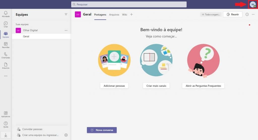 Tela inicial do Microsoft Teams na versão web Tela inicial do Microsoft Teams na versão web