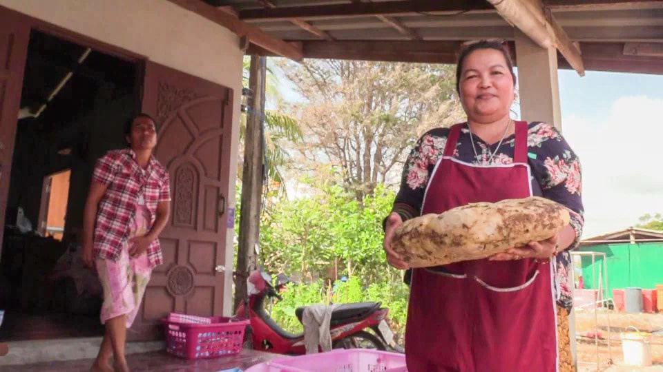 Mulher segurando pedaço de vômito de baleia 