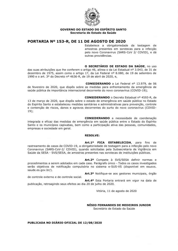 Portaria n° 153-R decretada pelo Governo do Estado do Espírito Santo para investigar casos de Covid-19 no Estado ainda em 2019