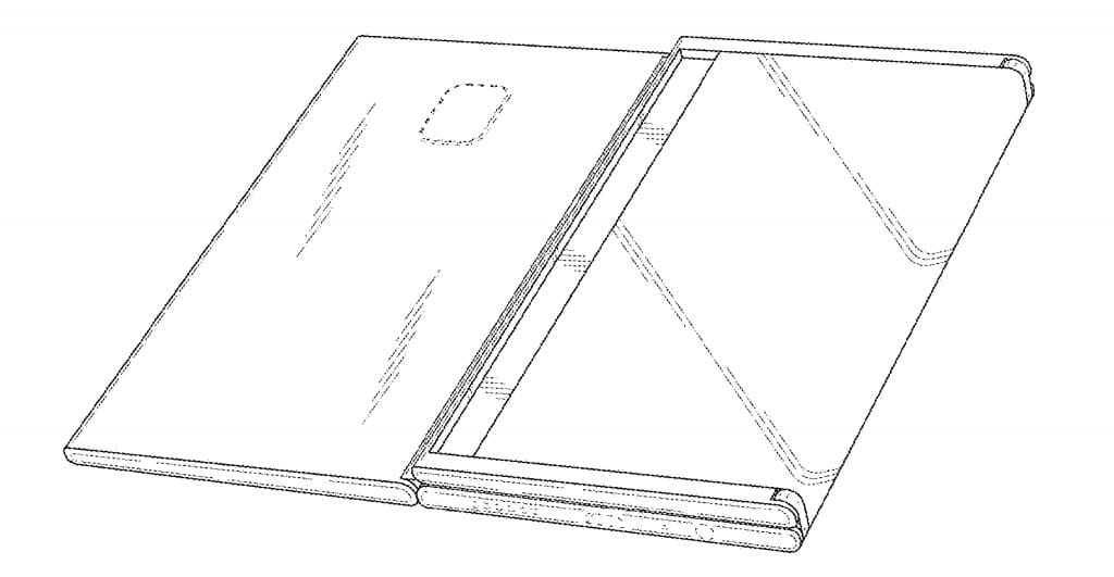 Ilustração de smartphone com dobra dupla em patente da Samsung de 2018