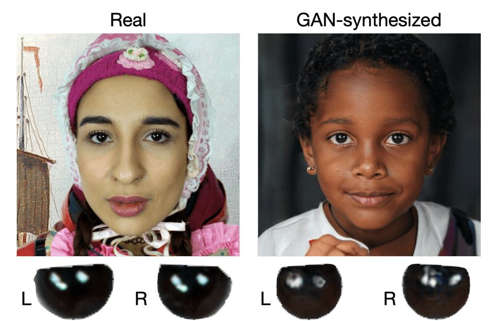 A ferramenta procura por erros de reprodução da forma como a luz é refletida: em vídeos reais, os dois olhos terão reflexos iguais. Imagem: Universidade de Buffalo/Reprodução