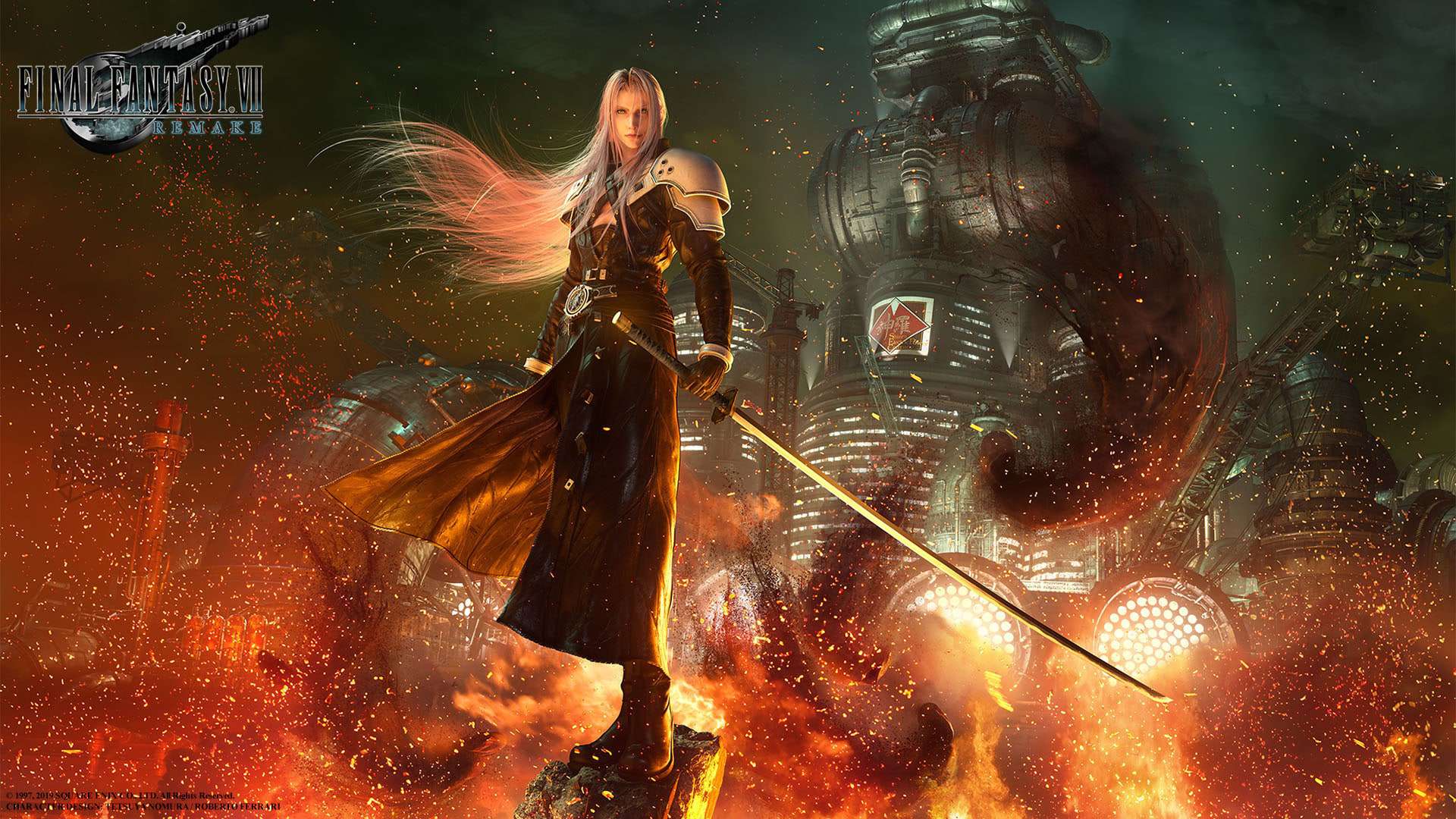 Imagem do jogo "Final Fantasy VII Remake", mostrando o vilão Sephiroth, que porta uma espada longa à frente de uma cidade em chamas