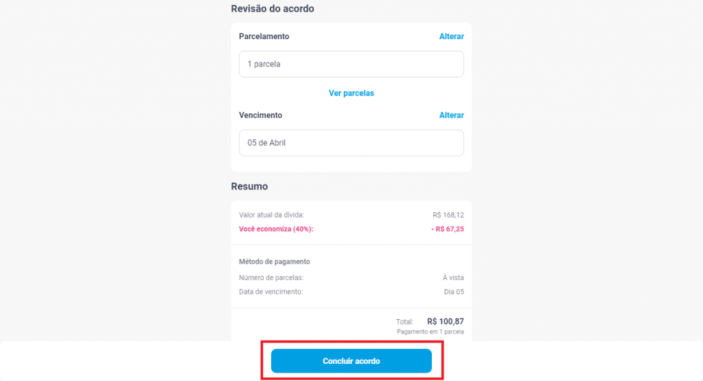 Página para concluir o acordo na plataforma do Serasa