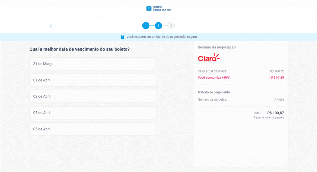 Optar pela data de vencimento do boleto