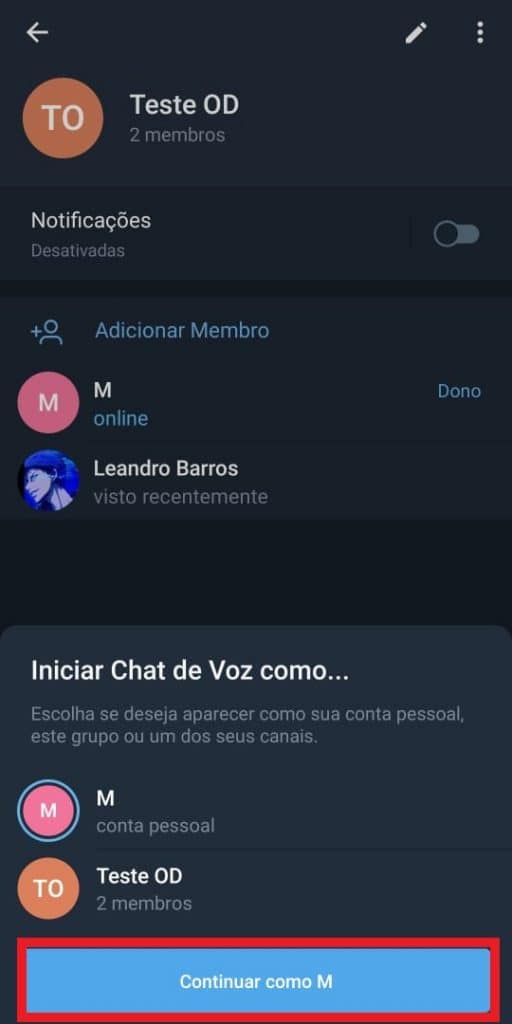 Print dos chats de voz do Telegram