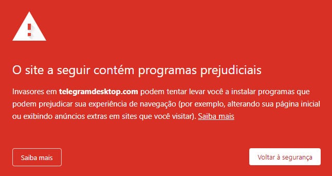 Alerta do Google Safe Browsing avisando que um dos sites com a "versão Windows do Telegram" na verdade contém malware.