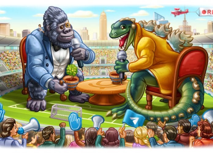 Ilustração mostra Godzilla e King Kong em um estádio lotado, comandando um talk-show