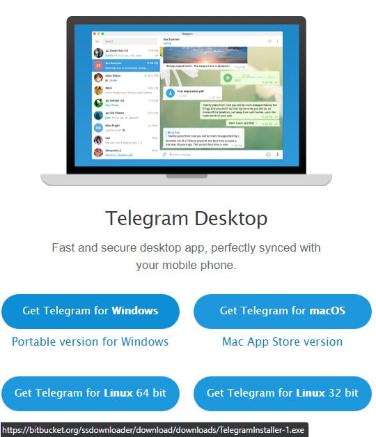 Imagem mostra site falso para download do Telegram. A URL no rodapé leva para um executável malicioso (malware) em site de terceiros.