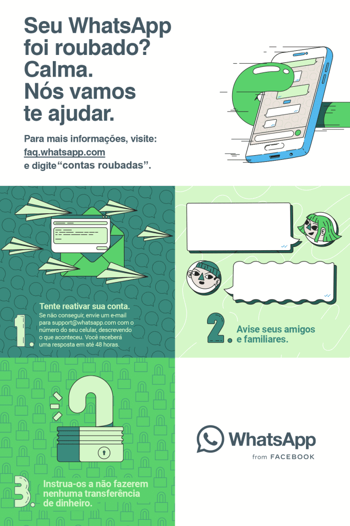 Campanha do WhatsApp ensina a evitar golpes, além do que fazer se você for uma vítima. Imagem: WhatsApp