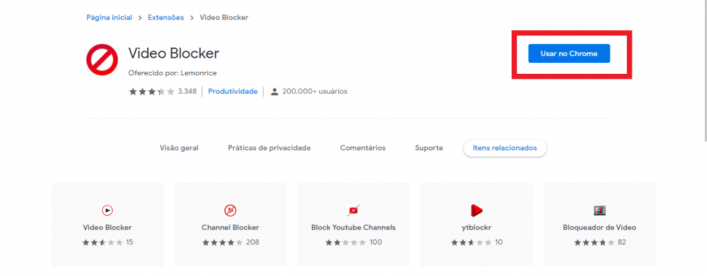 Print da extensão Vídeo Blocker para o Google Chrome