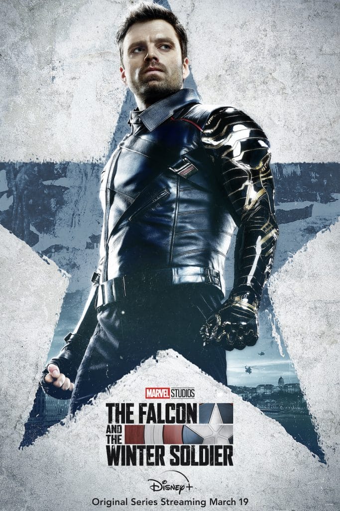 Pôster da série "Falcão e Soldado Invernal", mostrando o personagem Bucky Barnes/Soldado Invernal