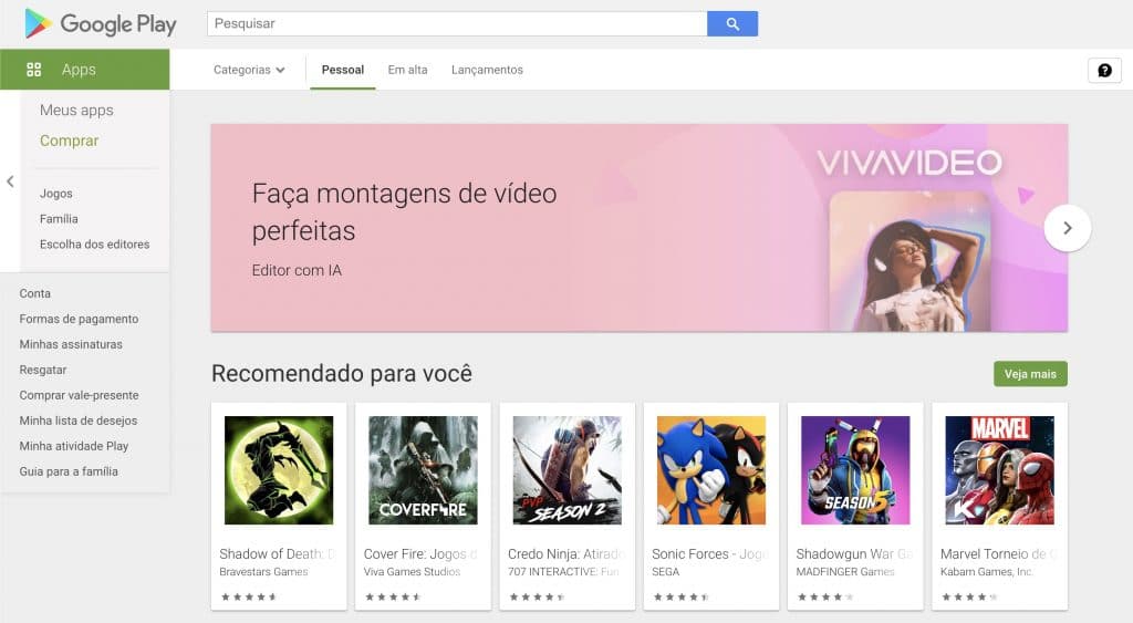 Captura de tela da loja Google Play em computadores.