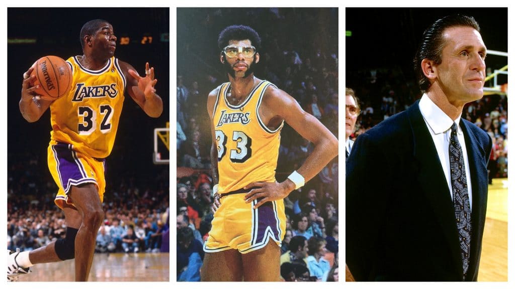 Da esquerda para a direita: "Magic" Johnson, Kareem Abdul-Jabbar e Pat Riley. Na década de 80, os três foram grandes nomes do basquete e serão retratados em série sobre o time Los Angeles Lakers. Imagem: NBA/Divulgação