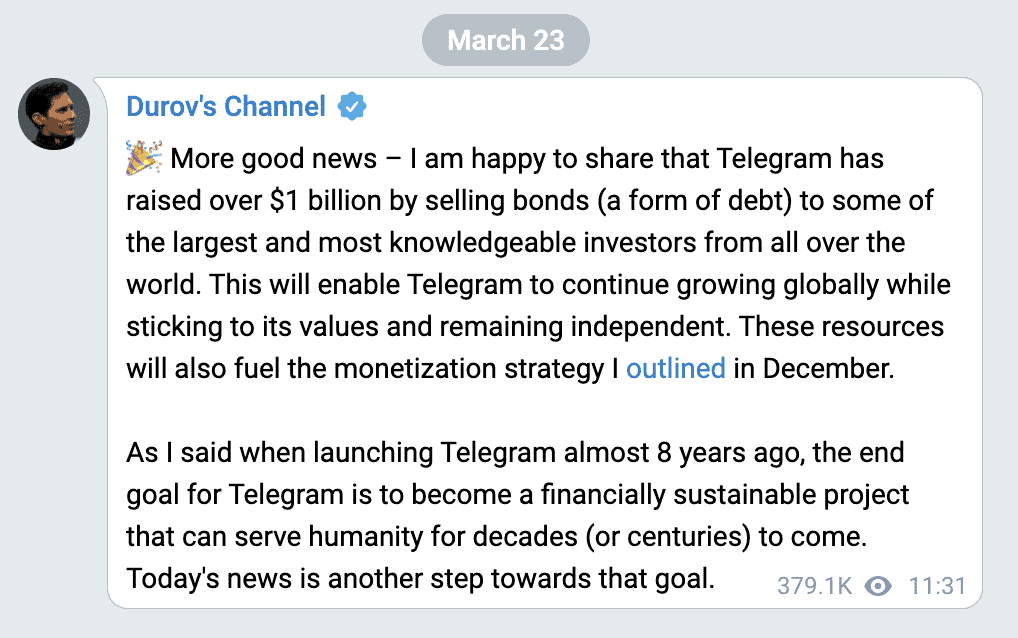 Print do canal de Pavel Durov no Telegram, feito pelo Olhar Digital, mostra o anúncio do investimento