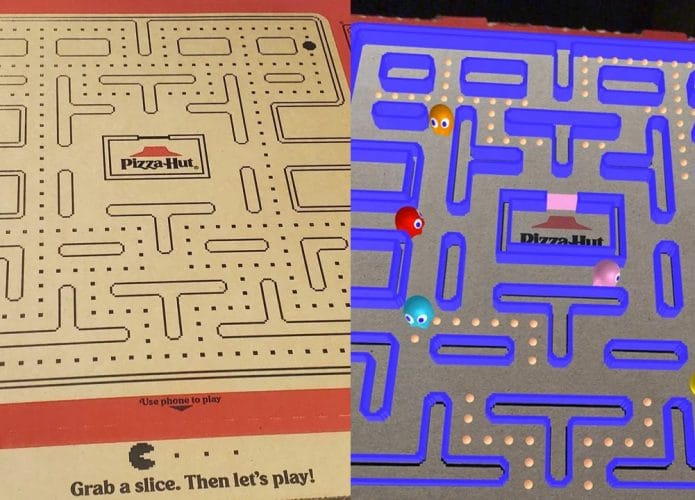 Pizza Hut põe “Pac-Man” jogável nas caixas de pizza. Imagem: Pizza Hut/Divulgação