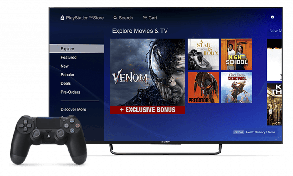 Imagem que mostra a PlayStation Store e sua interface para compra e aluguel de filmes e séries