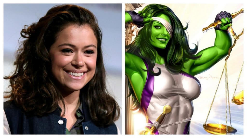 Montagem exibindo a atriz Tatiana Maslany à esquerda, e a personagem "Mulher-Hulk" dos quadrinhos, à direita. Atriz vai viver a personagem em série produzida pela Marvel