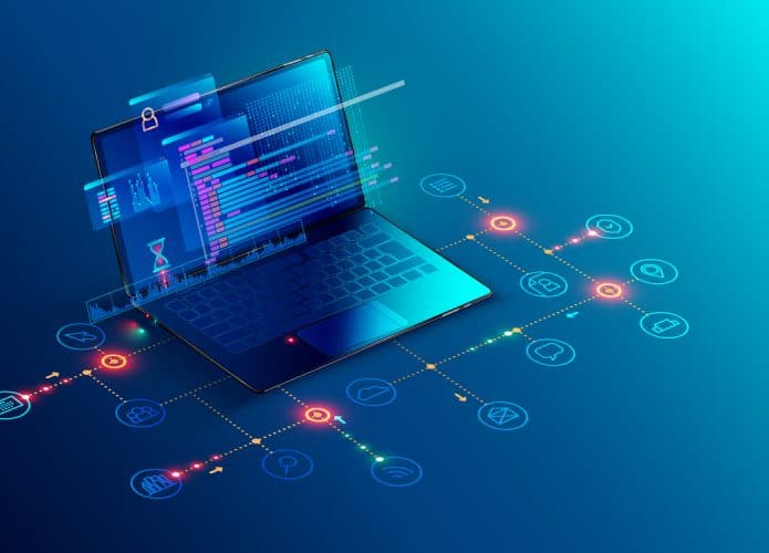 Ilustração sobre tecnologia, com um notebook desenhado sobre uma superfície azul