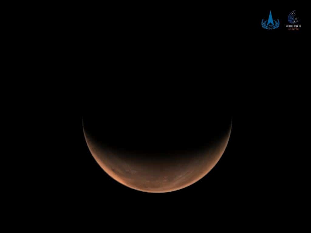 Foto tirada em 16 de março de 2021 mostra uma imagem de Marte capturada pela sonda Tianwen-1 da China. Imagem: CNSA/Xinhua