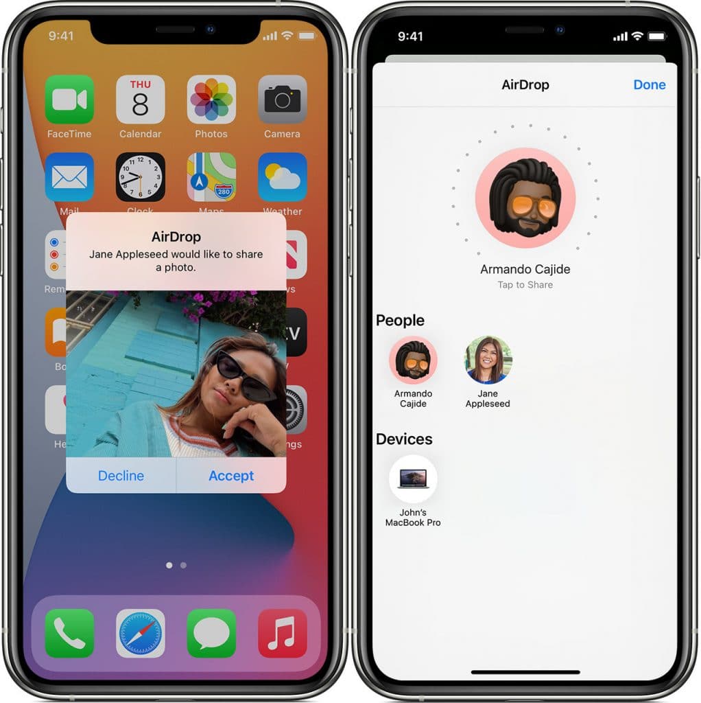 Exemplo de transferência via AirDrop em um iPhone. Imagem: Apple