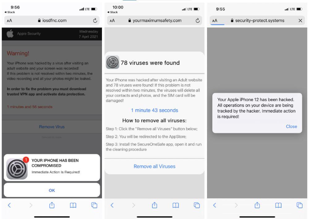 Falsos alertas de vírus ou invasão gerados pelo Tag Barnakle em um iPhone