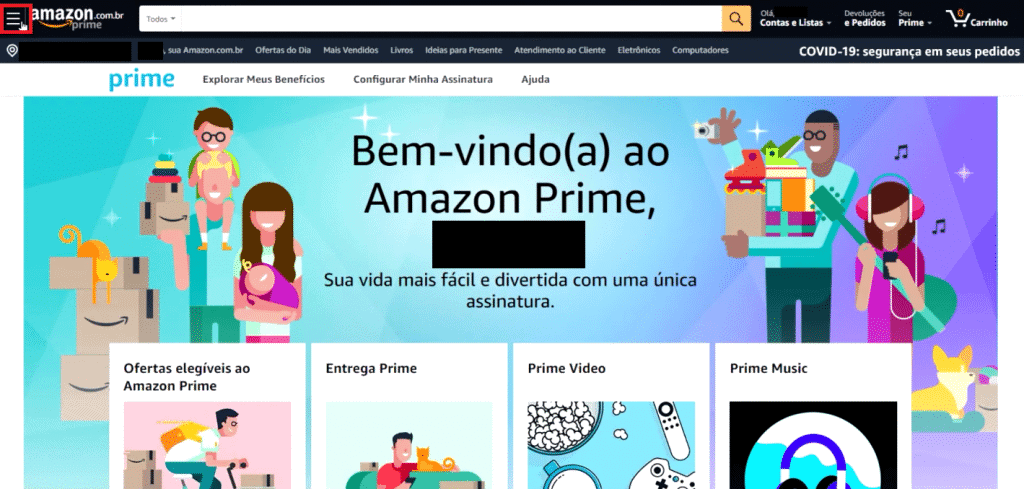 Página inicial do site da Amazon