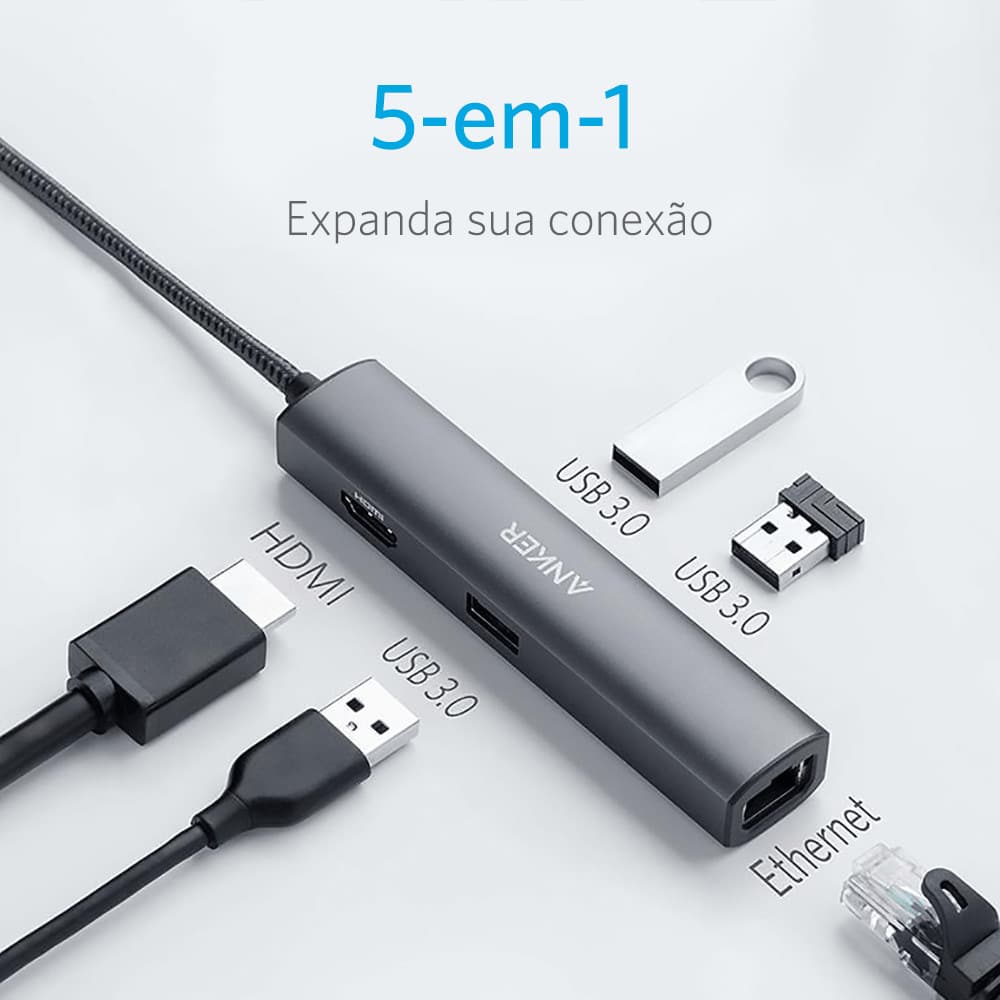 Cabo Anker Adaptador USB-C 5 em 1 transforma uma única porta USB-C em três portas USB 3.0, uma porta Ethernet e uma saída HDMI para monitor externo. Imagem: Anker