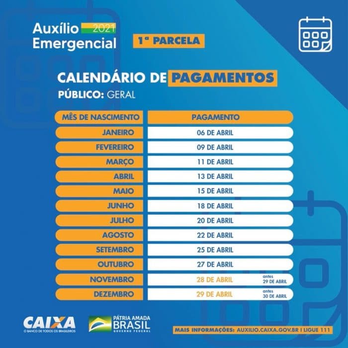 Calendário de pagamentos. Créditos: Divulgação/Caixa