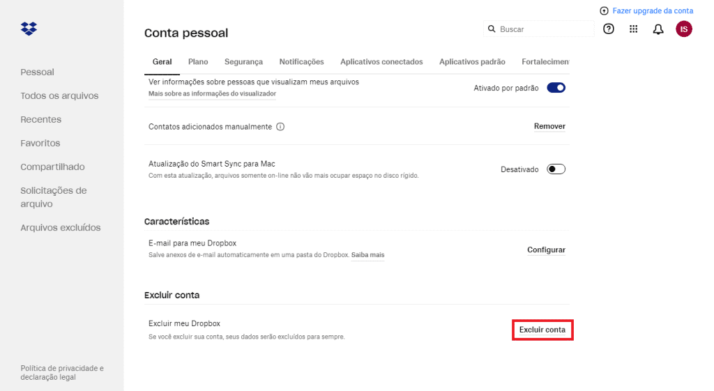 Processo para excluir a conta no Dropbox