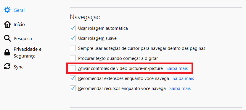 Habilitando o recurso no Firefox Habilitando o recurso no Firefox