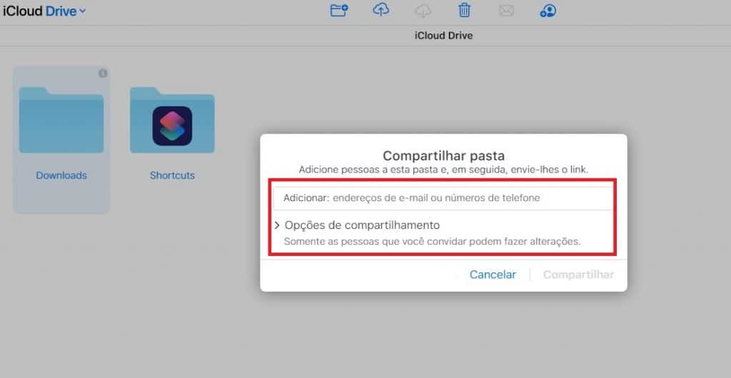 Como compartilhar pasta do iCloud Drive pelo navegador. Imagem: Olhar Digital