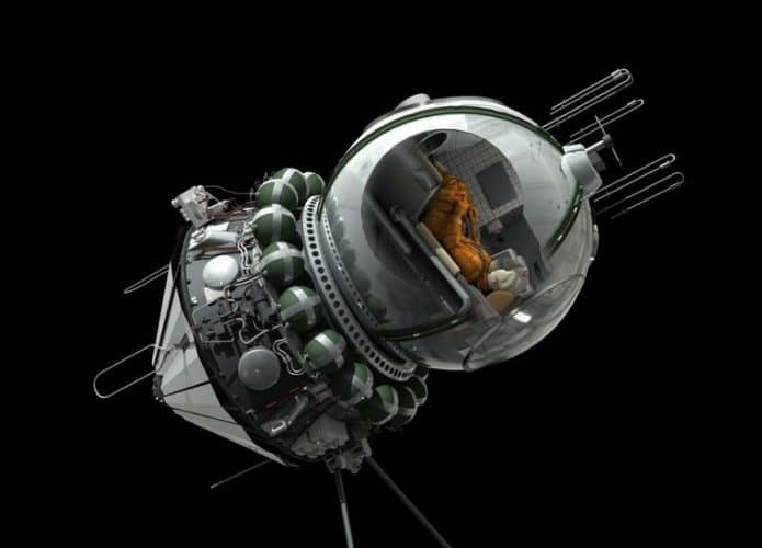 Ilustração mostrando a Vostok-1 com a cápsula de reentrada (esférica) à direita e o módulo de instrumentos com o retrofoguete à esquerda
