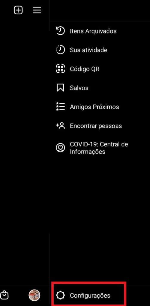 Print das configurações do aplicativo do Instagram 