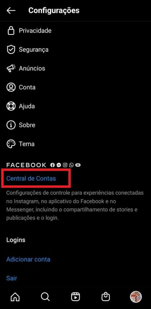 Print das configurações do aplicativo do Instagram 