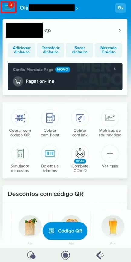 Tela inicial do app Mercado Pago Tela inicial do app Mercado Pago