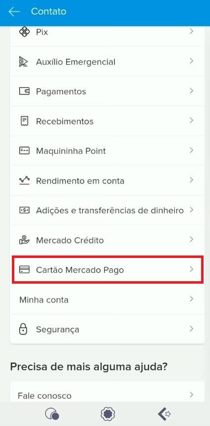 Escolhendo a opção "Cartão Mercado Pago" no app