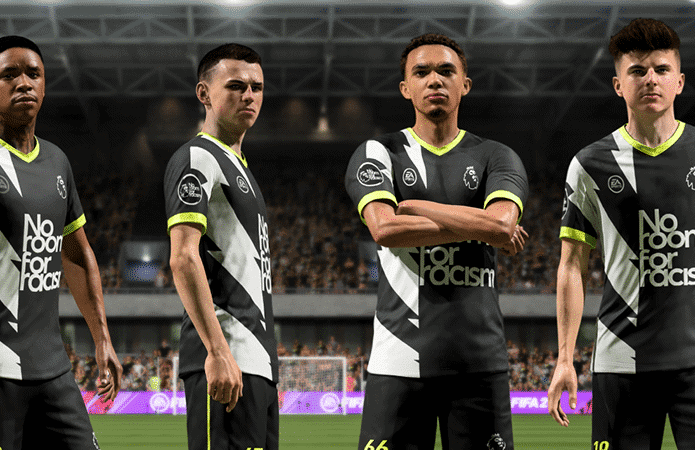 O 'Fifa 21' inclui ações no game que promovem a campanha 'No Room for Racism' (Sem espaço para o racismo, na tradução literal) da Premier League. Imagem: Electronic Arts/Divulgação