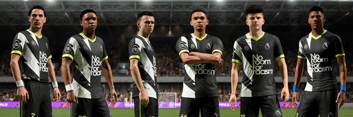 O 'Fifa 21' inclui ações no game que promovem a campanha 'No Room for Racism' (Sem espaço para o racismo, na tradução literal) da Premier League. Imagem: Electronic Arts/Divulgação