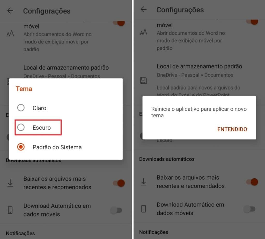 Ativando o modo escuro no Office de dispositivos Android