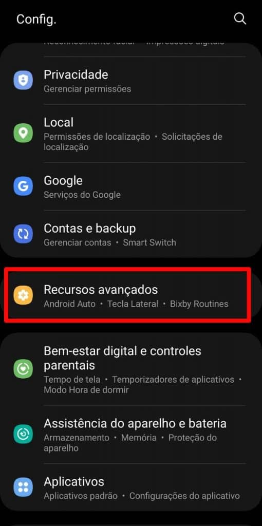 Print das configurações do Samsung S20+