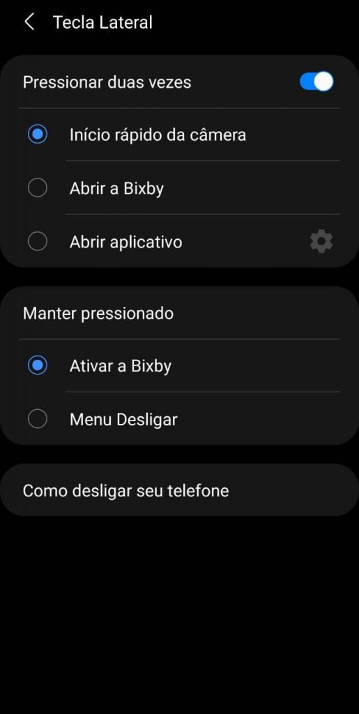 Print das configurações do Samsung S20+
