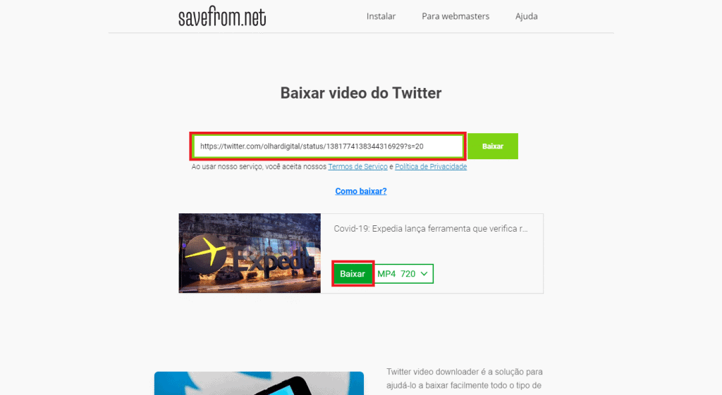 Colando o link para baixar vídeo do Twitter