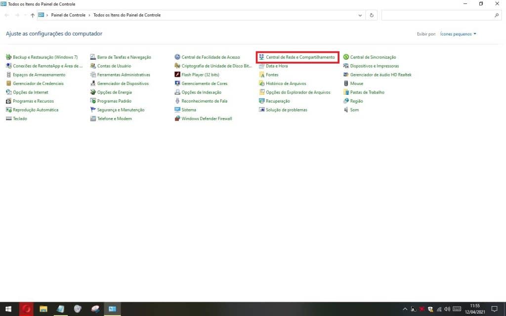 Acessando a "Central de Rede e Compartilhamento"