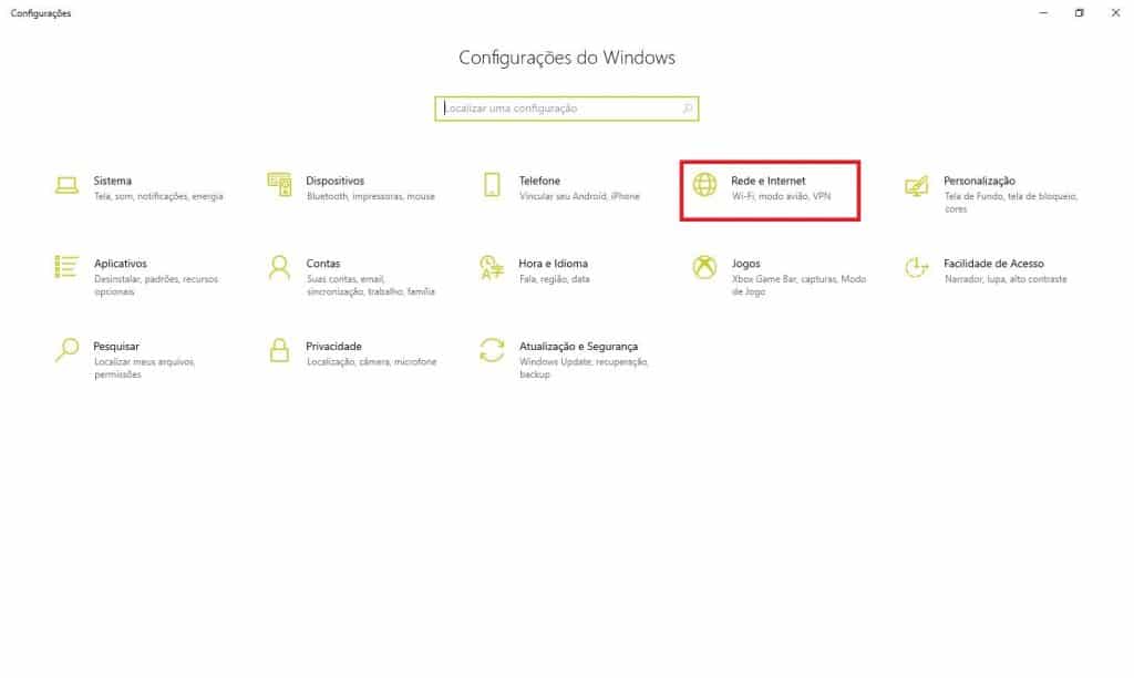 Configurações de Rede e Internet do Windows