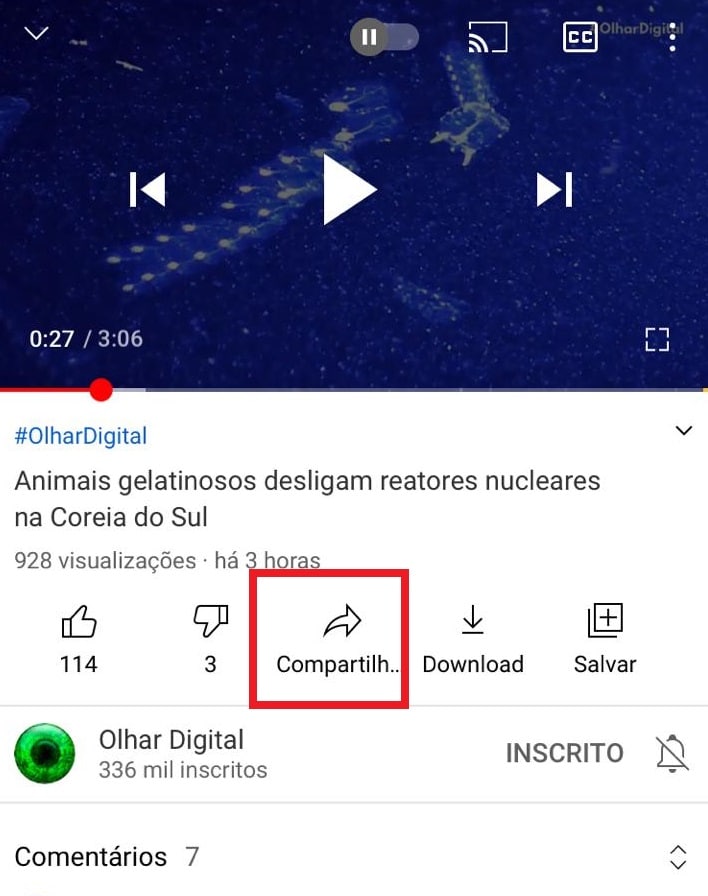 Como salvar vídeos do Youtube no app de Notas do iPhone. Imagem: Olhar Digital