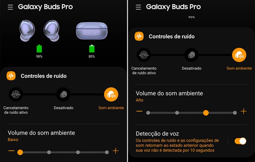 Ajustes da função de som ambiente no app Galaxy Wearable.