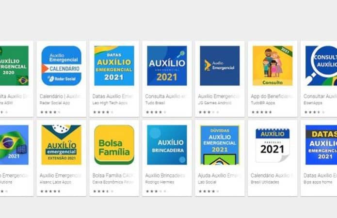 Alguns dos muitos apps na Google Play Store que prometem aos usuários informações sobre o auxílio emergencial