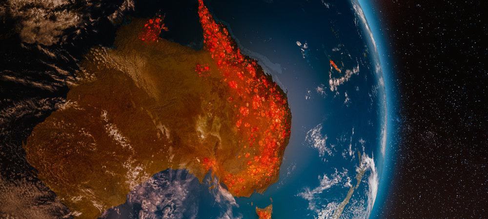 Ilustração representando incêndios na Austrália vistos do espaço