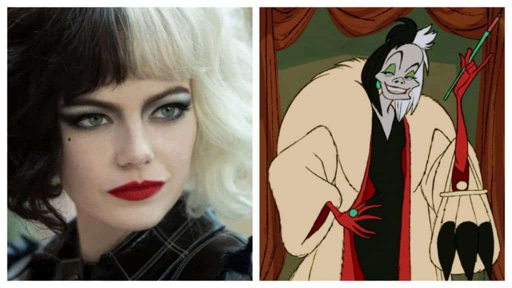 Montagem coloca lado a lado a atriz Emma Stone e a Personagem Cruella DeVil, da animação "101 Dálmatas"