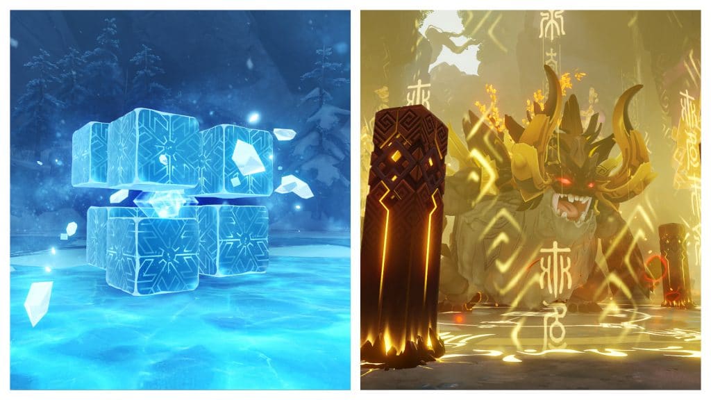 Os inimigos Hypostasis Cryo e Azhdaha, inaugurados pela atualização 1.5 de "Genshin Impact", que chega em 28 de abril. Imagem: miHoYo/Divulgação